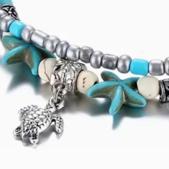 NEW OCEAN BEACH SEA TURTLE CHARM RICE BEADS STARFISH ADJUSTABLE ANKLE BRACELET - Picture 3 of 4